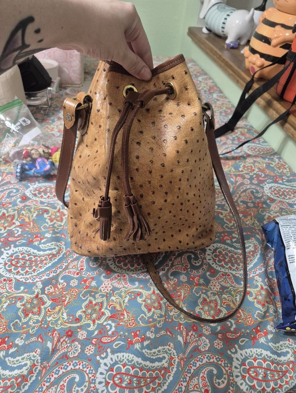 Dooney & Bourke Tan ostrich Bucket Crossbody - Picture 4 of 7